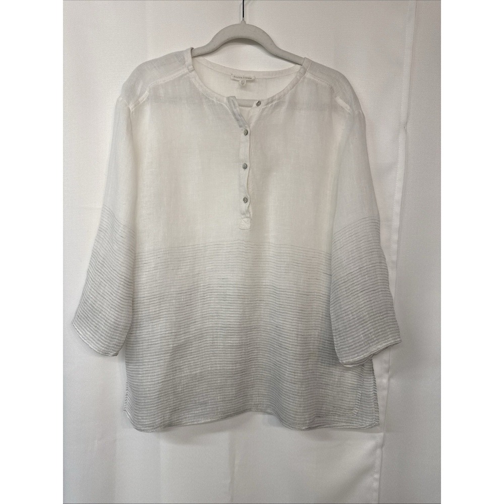 Eileen Fisher Linen Henley Blouse Top 3/4 Rolled Slv White Sheer Lightweight Art